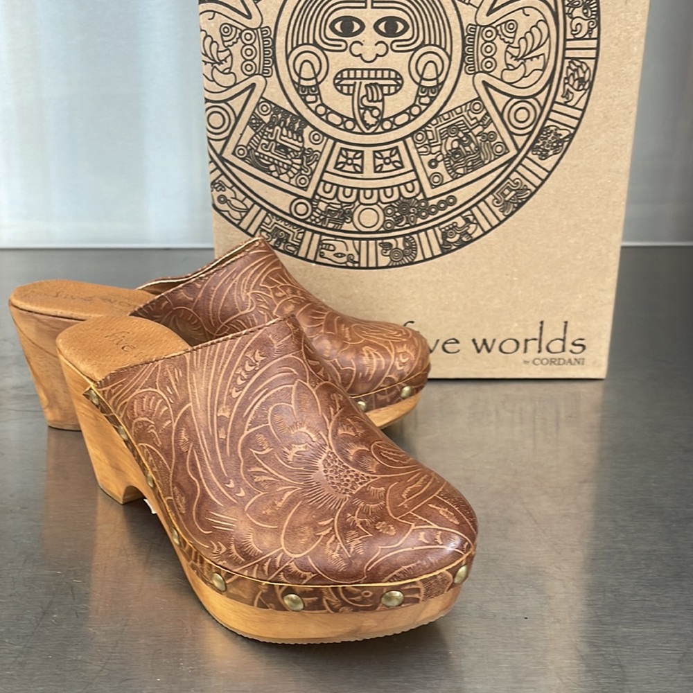 Five worlds by Cordani embossed leather clogs. New in box from Sundance.